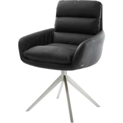 Image de Chaise pivotante Abelia Flex avec accoudoirs cuir de vache noir pied croisé large acier inoxydable brossé pivotement sur 360 fonction bascule