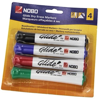 Image de Nobo Marqueurs Effaçables à Sec Glide pour Tableau Blanc, Pointe Ogive de 2mm, Lot 4, 1902096, Couleurs Assorties
