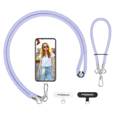 Image de MoKo Lanière de Téléphone Réglable avec Dragonne,Cordon Universel pour Portable,Tour Cou Smartphone Sangle Attache,Sangle en Bandoulière x1,Dragonne x1,Patch x 2,Violet Clair