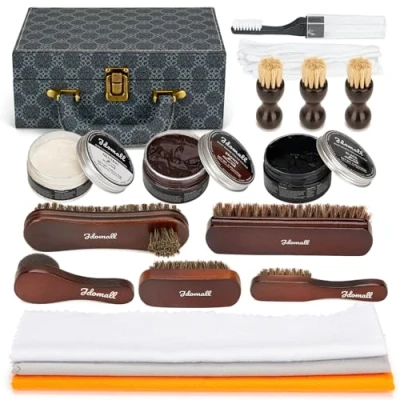 Image de Jdomall Kit de cirage pour chaussures 16 pièces noir,marron et neutre,Brosse Polissage,Chiffon à Lustrer plus Le cadeau parfait un ensemble d’entretien bottes en cuir