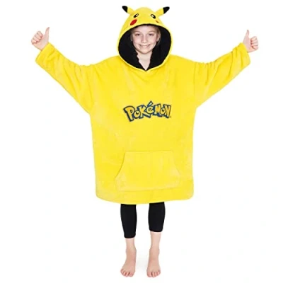 Image de Pokémon Pull Plaid, Poncho Sweat Oversize en Polaire avec Capuche Enfant (Jaune/Noir Pikachu)