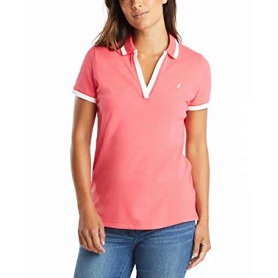 Image de Nautica Polo en Coton Stretch à col V rayé Coupe Classique, Rouge Rose, L Femme