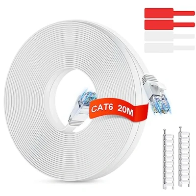 Image de GLCON Câble Ethernet 20m Cat 6 Plat de Réseau Haute Vitesse Gigabit 1Gbps RJ45 Compatible avec Cat.5e Cat.6 Cable Internet pour PC PS5/4 LAN Switch Modem Smart TV