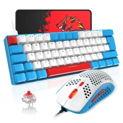 Image de T60 Ensemble Clavier et Souris de Jeu Filaire, Mécanique 60% Mini 62 Touches, 19 Lumières Arc en Ciel, UK Layout + PS4 6400 DPI Tapis pour PC,Mac Switch Red/Bleu