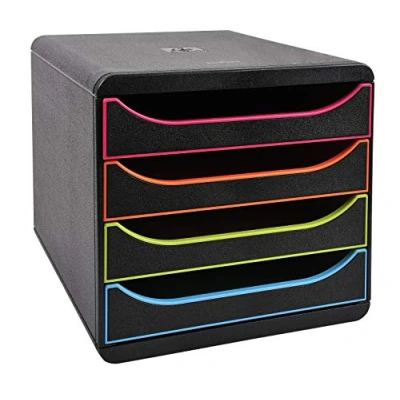 Image de Exacompta Réf. 310914D BIG BOX Caisson 4 tiroirs pour document A4+ Dimensions extérieures : Profondeur 34,70 x largeur 27,80 Hauteur 26,70cm Noir/Arlequin/Noir