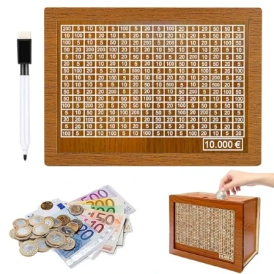 Image de Tirelire en Bois Numérique Réutilisable avec Stylo Effaçable Objectif D&#039;épargne et Chiffres à Cocher Tireliure pour Aider Les Enfants Commencer Economiser