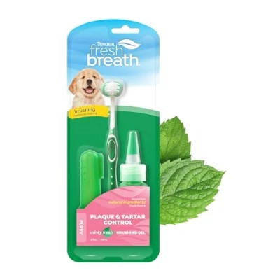 Image de TropiClean Kit de nettoyage bucco dentaire Fresh Breath pour chiots Soins dentaires rafraîchissants l&#039;haleine complet brosse à dents Aide éliminer la plaque et le tartre, chiots, 59 ml (l&#039;emballage peut varier)
