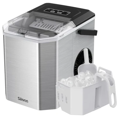 Image de Silonn machine à glaçons portable avec poignée de transport, autonettoyante panier et pelle, 9 cubes en 6 minutes, 12 kg par jour, idéale pour la maison, cuisine, le camping,