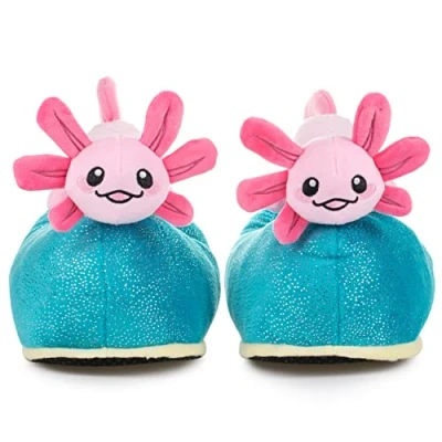 Image de corimori Pantoufles unisexes pour enfants et adultes, avec des motifs d&#039;animaux amusants, taille unique, Beeps der Axolotl Pink Blue, 25/33.5 EU
