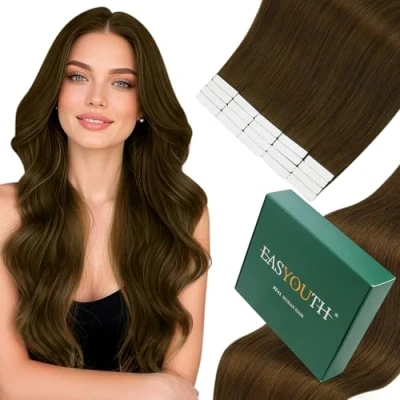 Image de Easyouth Extension Adhesive Cheveux Naturel Brun Humains de Adhesif Foncé Remy Tape in Vrais 40 cm 40g 20Pcs