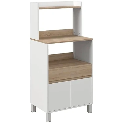 Image de HOMCOM Meuble de Rangement desserte Cuisine pour Micro Ondes avec Placard tiroir étagère supérieur 60 x 40 131 cm Naturel et Blanc
