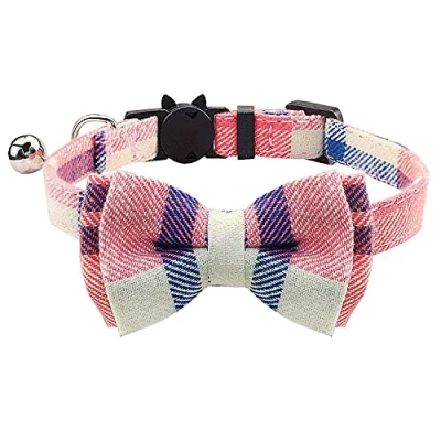 Image de Collier pour chat avec grelot et nœud papillon, boucle de sécurité à dégagement rapide chaton chat, motif tartan doux (rose)
