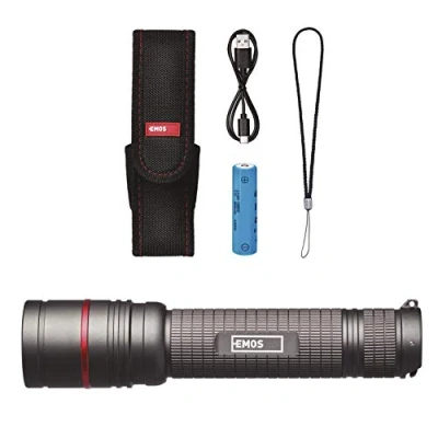 Image de EMOS P3180 Lampe de Poche en métal Rechargeable avec Mise au Point Super Lumineuse 600 LM CREE LED portée 230 m et Batterie étanche 3 Modes lumière, Sangle Sac, Aluminium, Noir