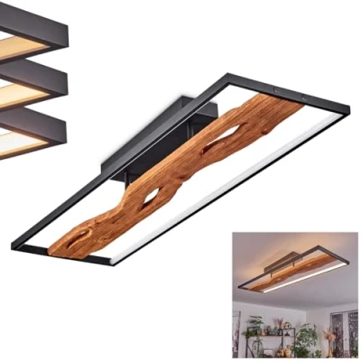 Image de plafonnier LED Nevogilde, à intensité variable en métal/bois/plastique noir/naturel/blanc,design scandinave, 6600 lm, 3000 K, 48 W, via l&#039;interrupteur d&#039;éclairage
