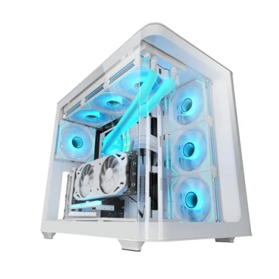 Image de MARSGAMING MC Fusion, Boîtier Gaming ATX, Fenêtre Latérale Complète et Façade Verre Trempé Courbé Continu, Semi Tour PC Double Chambre, Support Refroidissement Liquide, Espace Interne Optimisé, Blanc