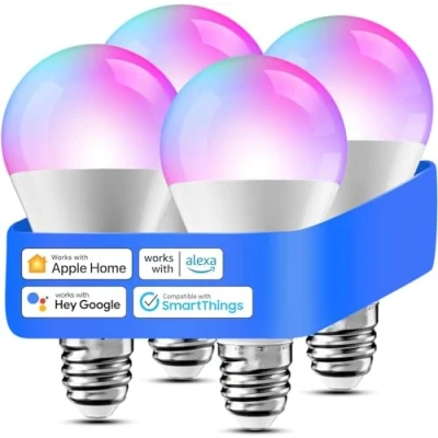 Image de Meross Ampoule LED Connectée, Lot de 4 E27 WiFi Compatible avec Apple HomeKit, Alexa et Google Home, RGBWW Multicouleur Dimmable Commande Vocale Contrôle à Distance