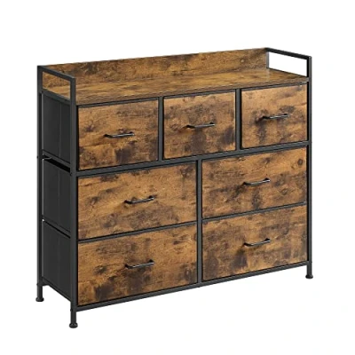 Image de SONGMICS Commode, Armoire, Meuble de Rangement, 7 Tiroirs en Tissu avec Poignées, Cadre Métal, Style Moderne, Marron Rustique et Noir d&#039;Encre LTS137B01