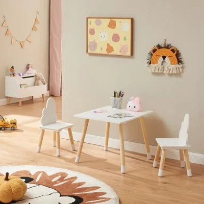 Image de [en.casa] Ensemble de Table et 2 Chaises pour Enfants Set Meubles avec Pieds Stables Coins Arrondis Design Nuage Confortable Scandinave Bricoler Lire Peindre Jouer Bois Pin MDF Blanc