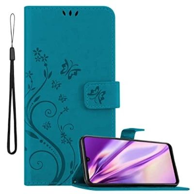 Image de cadorabo Coque Compatible avec Samsung Galaxy A22 4G / M22 M32 en Bleu Floral Housse Protection Design de Fleur Fermoire Magnétique, Stand Horizontal et 3 Fentes Cartes