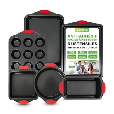 Image de NutriChef, Moules à pâtisserie, Lot de 6 pièces avec poignées en silicone Antiadhésifs, cake, muffins, ronds/carrés, plaque biscuits, Moule gâteau Passe au four, Noir