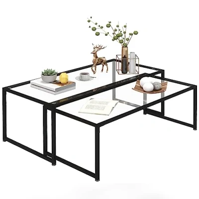 Image de HOMCOM Lot de 2 Tables Basses gigognes Salon rectangulaires Design en Acier et Plateaux Verre trempé Noir