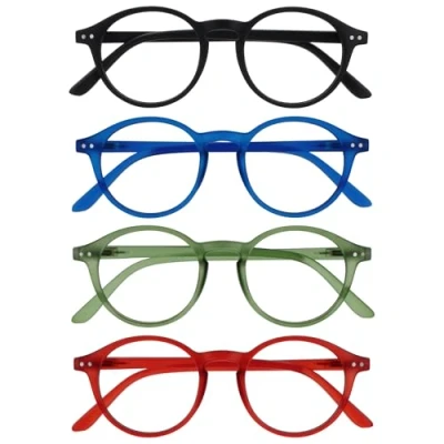 Image de OPULIZE REY Lunettes de Lecture Lot 4 Montures Rondes Rétro Noir Mat, Bleu, Vert, Rouge Hommes Femmes Charnières à Ressort RRRR56 136Z +2.50