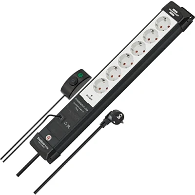 Image de Brennenstuhl Premium Line Comfort Switch Plus Multiprise 6 Prises (câble de 3 m, Interrupteur Main/Pied supplémentaire avec Connexion RJ 11, Prise et Extensible, fabriqué en Allemagne) Noir/Gris