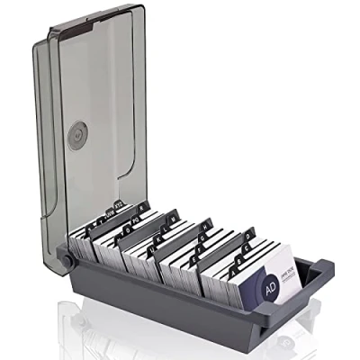 Image de Porte Cartes de Visite,Boîte Rangement pour Visite Capacité 500 Feuilles avec 4 Panneaux Séparation et Onglets Index A Z (gris)