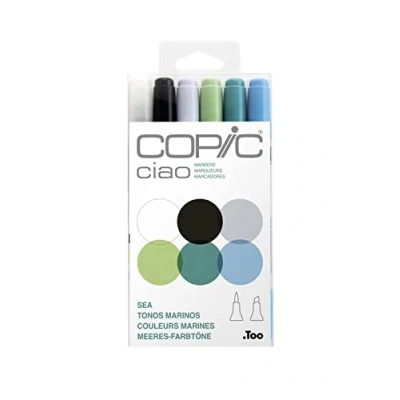 Image de COPIC Ciao Set « Sea », 6 marqueurs Twin avec une pointe moyenne et Brush