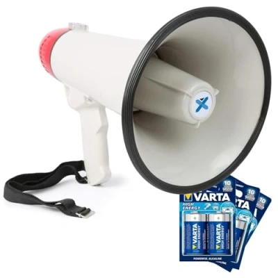 Image de VONYX MEG040 Kit Mégaphone Transportable 40W avec 6 Piles Type D 1,5V, Plug and Play, Portée jusqu&#039;à 1 km, Bandoulière, Idéal pour Les Déplacements en Manifestations ou Matchs