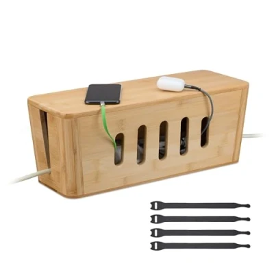 Image de Relaxdays Boîte Cache câbles, en Bambou, pour 2 multiprises, H x L P : 16,5 44 16 cm, Nature