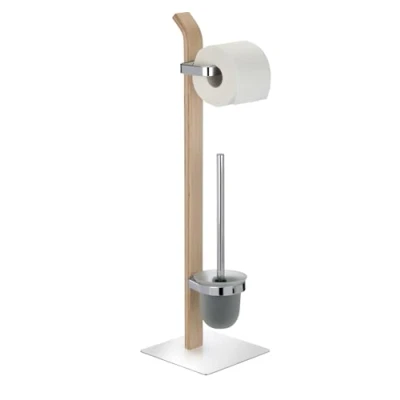 Image de WENKO Combiné WC 2en1 Samona Nature Brosse à tête remplaçable et dérouleur Papier Toilette Distributeur métal Bois Tout en 1 20x71,5x20 cm chromé