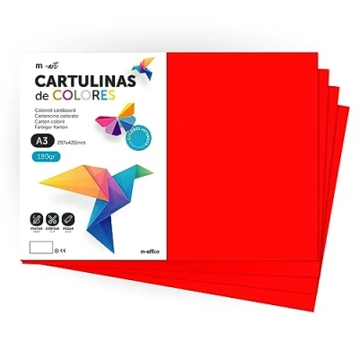 Image de cartulina de Colores, A3, Folios colores 180gr, Bloc intensos, Ideal para Manualidades, Imprimir tus Documentos y Diseños Creativos · m office (50 Hojas, Rojo)