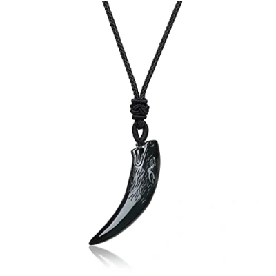 Image de COAI Collier Réglable Pendentif Dent de Loup Pierres Véritables Obsidienne Noire Unisexe