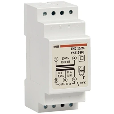 Image de VEMER VN317400 TMC 15/24 Transformateur 24V pour Service Continu, Tension Primaire 230V, Secondaire 12 24V, Puissance 15VA, Installation sur Rail Din, Blanc