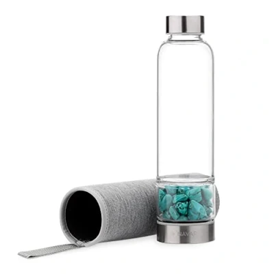 Image de Navaris Gourde à Pierres Précieuses Bouteille d&#039;Eau en Verre Borosilicate 420ml avec Cristaux Turquoise 28 x 6,2 cm et Housse Néoprène