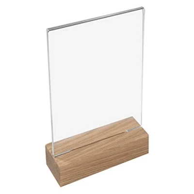 Image de HMF 46940 Présentoir de Table Acrylique avec Base en Bois DIN A6 Format Portrait Transparent