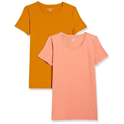 Image de Amazon Essentials T Shirt Col Rond à Manches Courtes Coupe Classique Femme, Lot de 2, Jaune Doré/Orange Corail, S