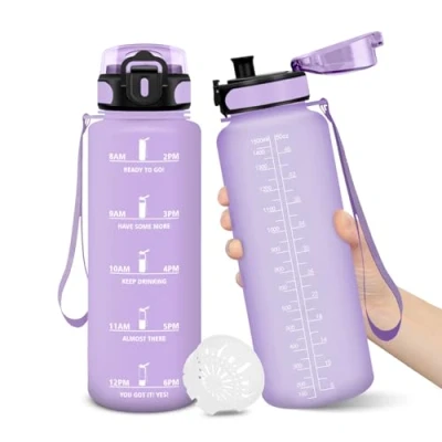 Image de Gourde, 1500ML Sans BPA, Gourde sport, Conception de Verrouillage Anti Fuite, Bouteille, Avec Horodatage, Bouteille Eau pour École, Yoga, En cours d&#039;exécution, Escalader Des Montagnes VioletClair