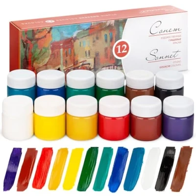 Image de Sonnet couleurs gouache de haute Qualité (12 x 40ML) Peinture à base d&#039;eau en 12 belles riches pigments Fabriqué par Nevskaya Palitra