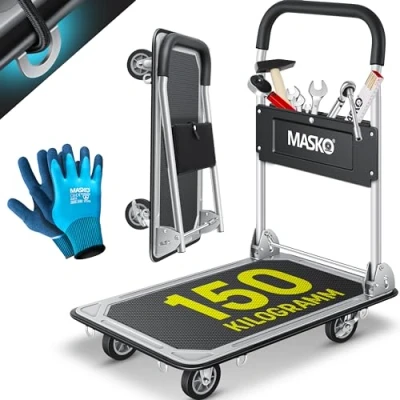 Image de MASKO® Chariot de transport pliable Avec gants travail Charge maximale 150 kg Frein stationnement Aide au 6 œillets sécurité Roulettes pivotantes à 360