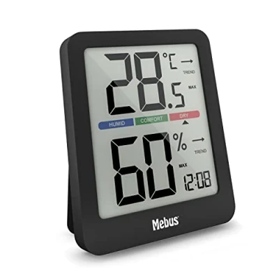 Image de MEBUS digitale Klimastation mit Innenthermometer und hygrometer, Uhr, Komfortindikator für perfekte Raumtemperatur, Displaybeleuchtung, Min /Max Funktion, Trendanzeige, Farbe: Schwarz, Modell: 11115
