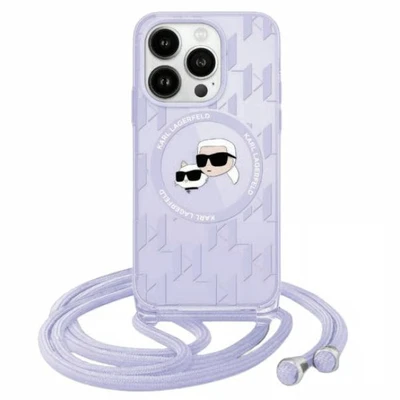 Image de Étui Karl Lagerfeld pour iPhone 15 6.1 violet hardcase IML Crossbody Monogram &amp; Choupette Head MagSafe Neuf
