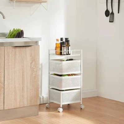 Image de [en.casa] Chariot de Service à 3 Niveaux Desserte roulettes avec Paniers Dépliables Meuble Rangement pour Cusine Salle Bain Bureau Acier 65 x 27 cm Blanc