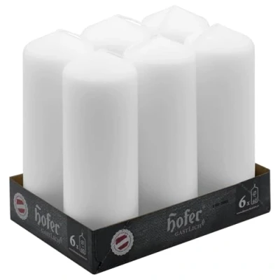 Image de Hofer Bougies Pilier 6 pièces 54 heures de combustion Blanc cm x 16,5 Cire non parfumée, sans gouttes, longue durée, qualité UE