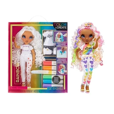 Image de RAINBOW HIGH Colour &amp; Create Fashion Doll DIY Yeux Violets, Cheveux Bouclés Marqueurs Arc en Ciel Coloriez, Jouez, Rincez, Recommencez pour collectionneurs et Enfants de 4 à 12