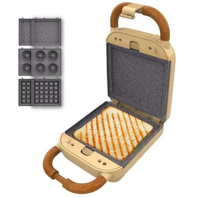 Image de Cecotec Appareil à Sandwichs Rock&#039;nToast Retro One Yellow. Machine Sandwich Rétro 700W, 3 plaques Interchangeables, Revêtement RockStone, Indicateur lumineux, Base Antidérapante, rangement vertical