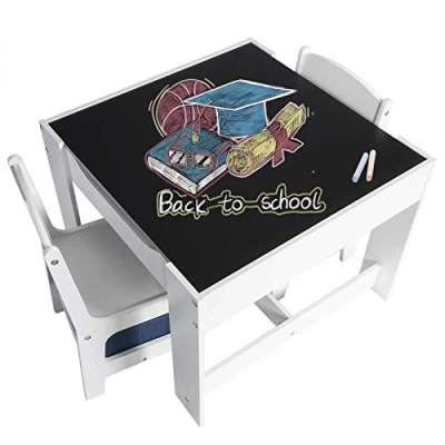Image de EUGAD 0001ETZY Ensemble de Meuble d&#039;enfant 1 Table et 2 chaises avec tiroir Rangement sous l&#039;assise Gris + Blanc