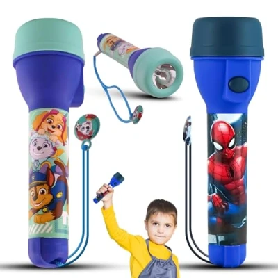 Image de Lot de 2 grandes lampes poche LED à piles pour enfants 3 ans et plus, Marvel Spiderman Paw Patr0l, grande lampe avec cordon attaché, veilleuse lumineuse 16 cm