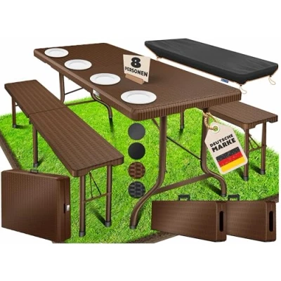 Image de KESSER® Ensemble de Tente à bière, Set 3 pièces : Table + 2 bancs, pour l&#039;intérieur et l&#039;extérieur, Pliable, avec poignées Transport, Plastique, Aspect rotin Meubles Jardin, Marron
